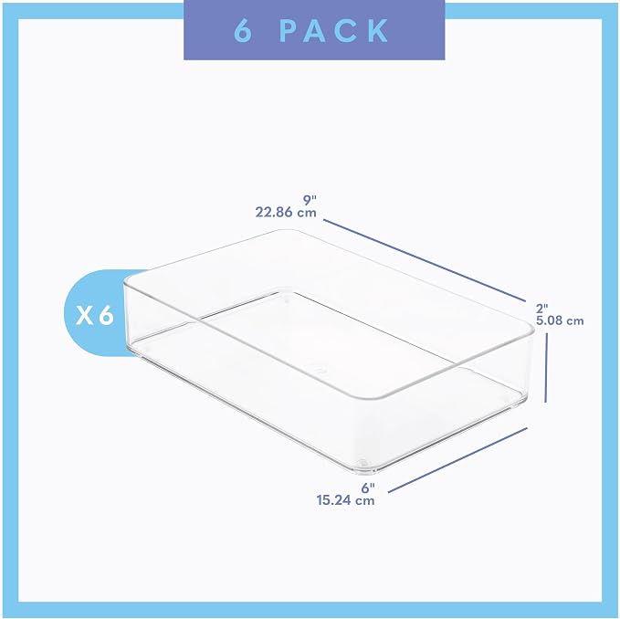 primebox Plastic Clear Drawer Organizers. Bathroom. Kitchen, Bedroom, Utensils, Office Organizer Bins, Storage Trays. Stackable. 9" x 6" x 2" Set of 6