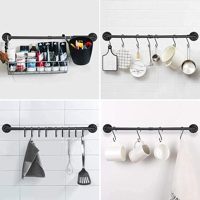 WuGeShop 38 Inch Pot Rack Hanging, Pot Rack Wall Mounted with 10 S Hooks, Kitchen Lids Utensil Spatula Hanger Organizer, Black