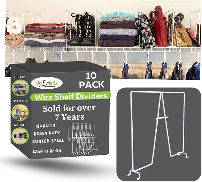 Evelots Wire Shelf Dividers - 10 Pack - Closet Storage & Organization for Office/Pantry/Garage - Tall Shelf Separator - Easy Clip - No Tool - Solid Coated Steel