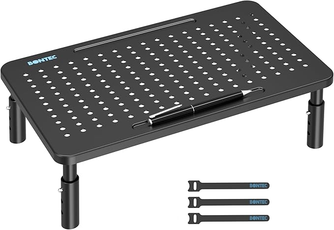 BONTEC 1 Pack 3 Height Adjustable Monitor Stand Riser with Pen Holder, Ergonomic Metal Laptop Stand with Cable Management, Desktop Stand for Computer, Printer (Black, 14.3” x 9.1”)