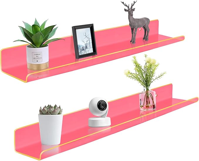 ROYALITA 2-Pack Acrylic Shelves Wall Mounted, 24 Inch Floating Shelves | for Small Items Plants Organize Wall Shelves for Gaming Room, Bedroom, Living Room, Office, Pink