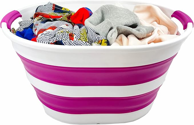 SAMMART 23L (6 Gallons) Collapsible Plastic Laundry Basket - Oval Tub/Basket - Foldable Storage Container/Organizer - Portable Washing Tub (White/Purple (Set of 2))