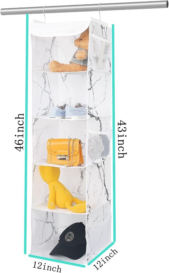 BrilliantJo 5 Shelves Hanging Closet Organizer, 2 Pack Hanging Storage with 6 Side Pockets for Clothes Shoes, 43"x12"x12"(Marblizing)