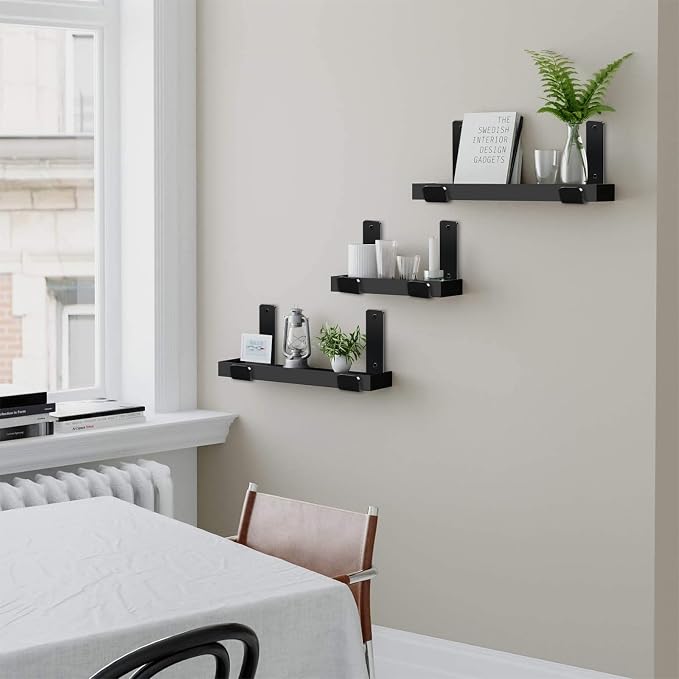 12 Pack - 5.5" L x 4" H x 1.5" W J Lip Shelf Brackets Rustic Farmhouse Iron Wall Floating Shelf Bracket Metal Shelf Bracket Industrial Shelf Supports with Screws Black