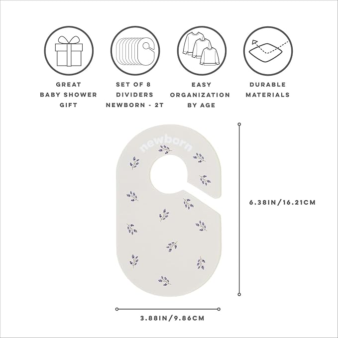 3 Sprouts Baby Closet Dividers, Newborn to 2T, Blueberry, 8 Piece Set | Newborn to 2T sizing, 8-piece set, Double-sided size labels, Age labels, Nursery closet storage, Baby clothes organizer