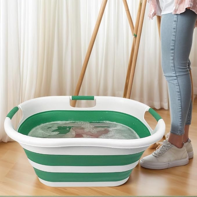 SAMMART 40L (10.5 gallon) Collapsible Plastic Laundry Hamper - Foldable Pop Up Storage Container/Organizer - Portable Washing Tub - Space Saving Basket (1, White/Winter Green)