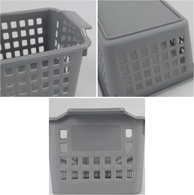 Slim Storage Basket Bins, 6 Pack Grey Plastic Baskets