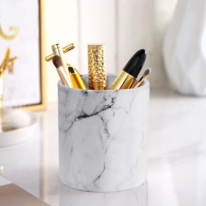 Pen Holder, Cup for Desk Marble Pattern Pencil Holder for Adults Kids Luxury Leather Desk Organizer Makeup Brush Holder for Office, Classroom, Home, Marble