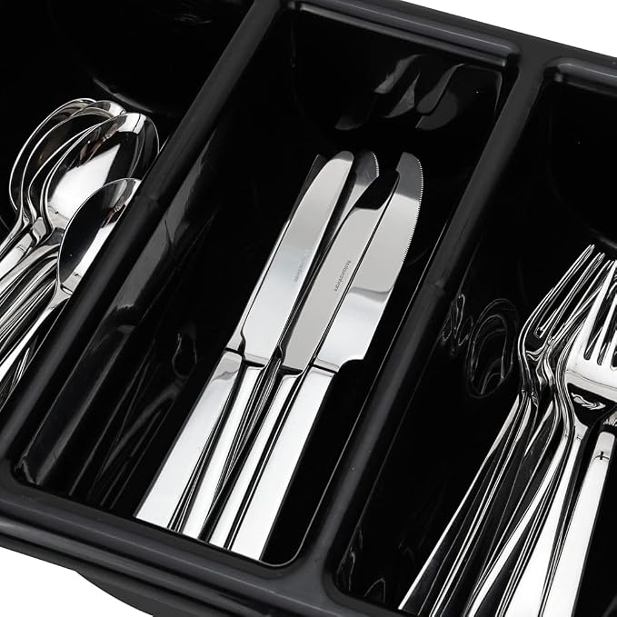 Restaurantware-21.9 x 14.2 x 3.5 Inch Silverware Organizer, 1 Crack-Resistant Cutlery Tray - 4 Compartments, Built-In Handles, Black Plastic Utensils Drawer Holder, For Kitchen Organization