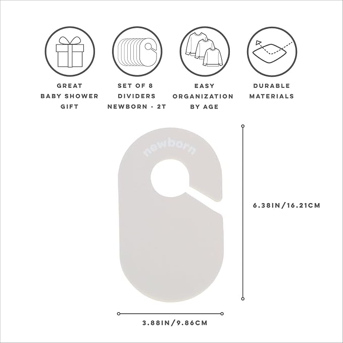 3 Sprouts Baby Closet Dividers, Newborn to 2T, Neutral, 8 Piece Set | Newborn to 2T sizing, 8-piece set, Double-sided size labels, Age labels, Nursery closet storage, Baby clothes organizer