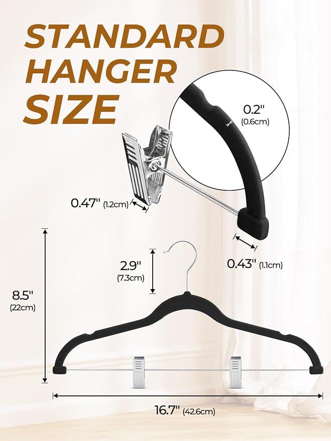 HOUSE DAY Velvet Skirt Hangers 48 Pack, Black Hanger with Adjustable Clips | Space Saving Slim Felt Pant Hanger, Heavy Duty Shorts Hanger, Non Slip Clip Hangars for Pants, Skirts, Shorts, Outfit