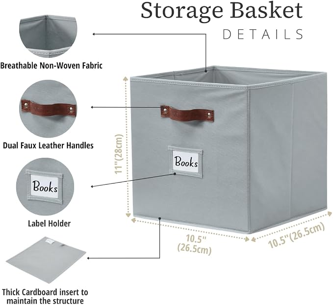 DECOMOMO Storage Bins, Cube Storage Bin with Labels | 10.5" x 11" Fabric Storage Cubes for Shelves (6pcs, Grey)