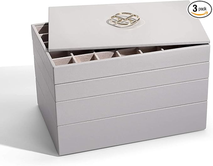 VLANDO Stackable 4-Layer Jewelry Tray - Multipurpose Jewelry Accessories Display Storage and Organizer for Earring Necklace Bracelet Ring, Grey