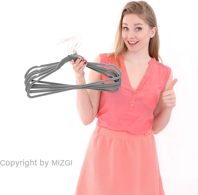 MIZGI Premium Velvet Hangers (50 Pack) Heavy Duty Non Slip Felt Hangers Gray,Rose Gold 360 Degree Swivel Hooks,Space Saving Clothes Hangers,Durable Strong Hangers for Suits,Coats,Pants & Dress