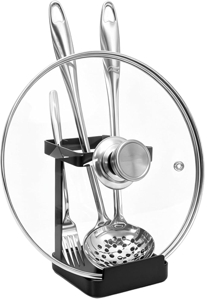vocheer Pot Lid Holder, Kitchen Organizer Rack Spoon Rest Rack Holder-Lid Stand for Utensils in Kitchen, Black