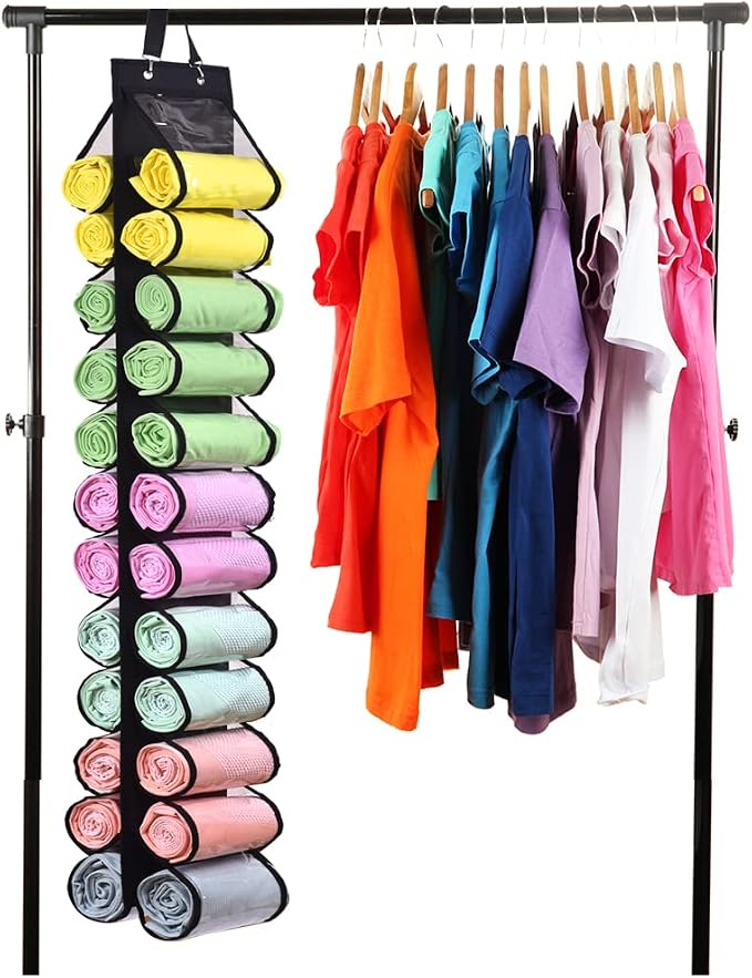 Legging Storage Bag Storage Hanger Can Holds 24 Leggings or Shirts Jeans Compartment Storage Hanger, Foldable Leggings Organizer Clothes Portable Closets Roll Holder (Black)