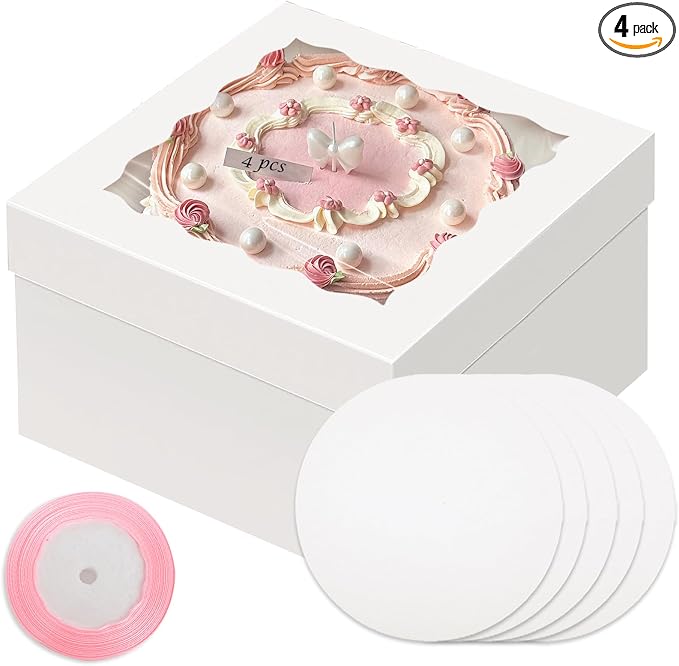 qiqee White 10x10x8 Cake Box, 4 Sets Cake Box with Window ＆ 4 Sets 10" Cake Round Boards, 10inch Cake Containers, 10 Meters Pink Silk Ribbon Includes