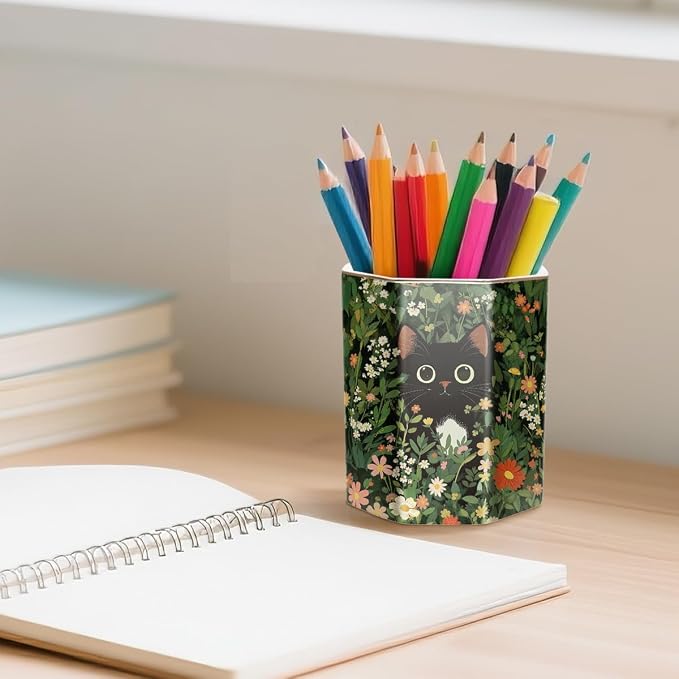 Pen Holder, Pencil Cup for Desk, Cute Desk Organizer, Durable Ceramic Decorative Makeup Brush Desktop Accessories, Stylish Stationery for Office, Home, Cute Cat Pattern