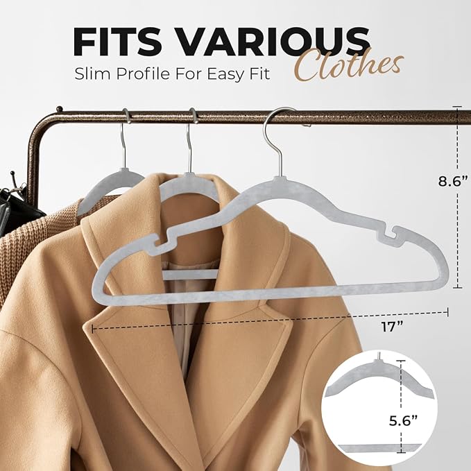 Our Modern Space 200 Pack Velvet Hanger for Shirt Pants Dresses Skirts Suits Jackets - Slim Space Saving Design - Standard Coat Hanger - Sturdy & Durable Design with Shoulder Grooves Hook