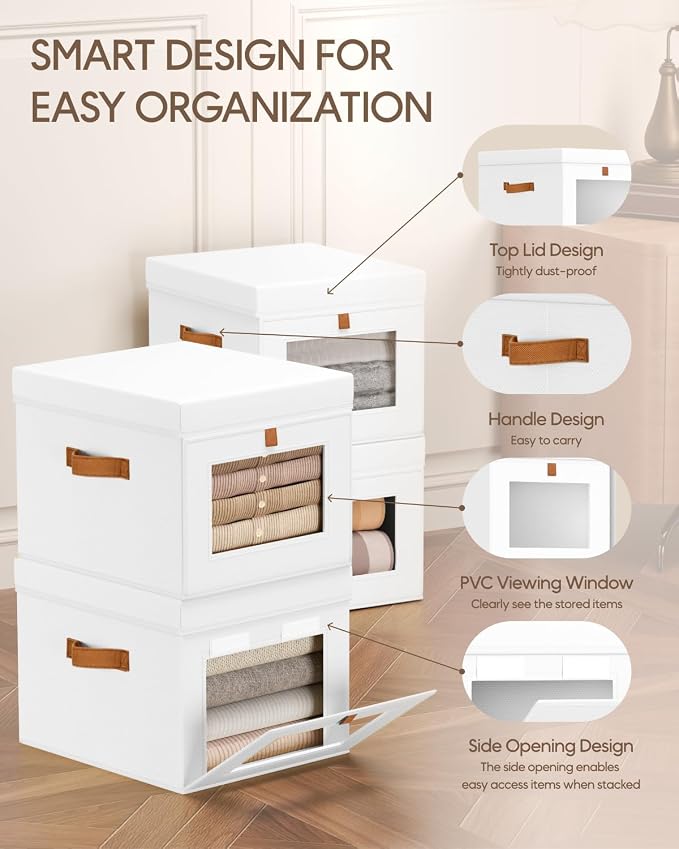 Homsorout Storage Bins with Lid – Closet Organizer with Side Opening and Clear Window, Foldable Stackable Fabric Basket for Clothes, Home, Office - 13.77" x 11.8" x 9.8", 5 Pack, White