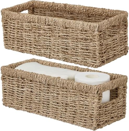 Vagusicc Wicker Storage Basket, Hand-Woven Seagrass Wicker Baskets with Handles, Toilet Paper Basket for Toilet Tank Top, Small Wicke Baskets for Organizing Shelves, 2-Pack, Seagrass