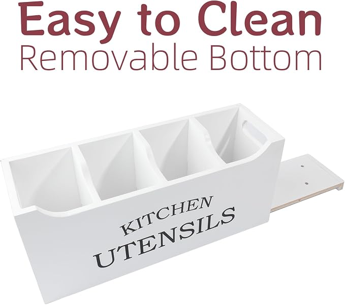 Kitchen Utensil Holder with Drainage Bottom, Extra Large 4 Compartments Solid Real Wood Utensil Organizer for Kitchen Counter, Farmhouse Cooking Tools Storage for Countertop, White