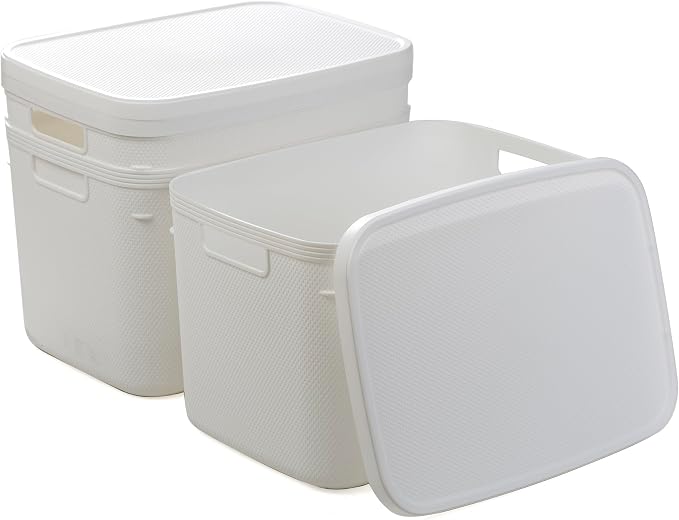 BINO | Plastic Storage Bins with Lids, 20 Liter - 3 Pack, White | THE TWILL COLLECTION | Plastic Bins for Organization | Woven Storage Baskets for Organizing | Pantry Shelf Organizer Basket Bin