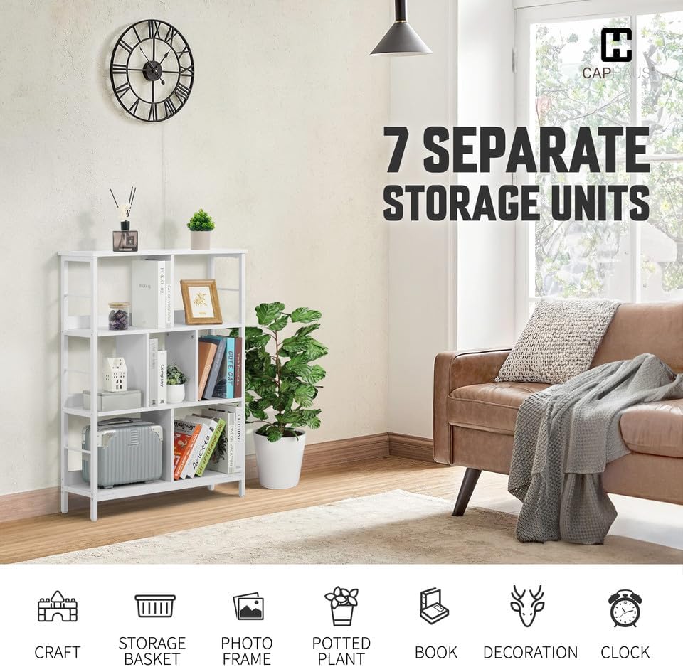 CAPHAUS 7 Cube Storage Organizer, 32” Wide 3 Tier White Industrial Open Shelf Bookcase, Display Shelf, Horizontal Booksh