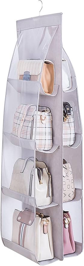 MURRI&MURRDI 1 Pack Hanging Handbag Organizer for Closet, Purse Storage Holder with 8 Easy Access Clear PVC Pockets, Purse Hanger for Wardrobe Space Saving Hanging Bags (Gray)