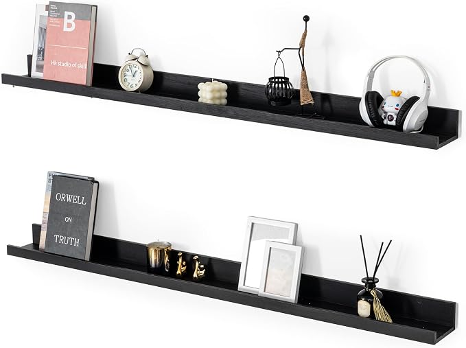 Muzilife 55" Large Floating Wall Ledge Shelves with Lip - Set of 2 Wood Floating Shelves - Black Wall Mounted Picture Ledge for Office, Bathroom, Bedroom, Living Room, Kitchen