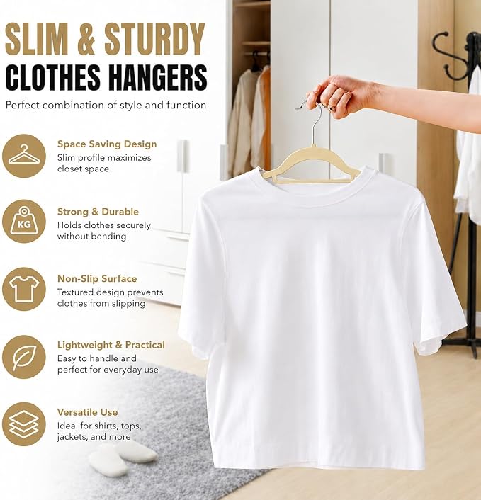 1ABOVE Premium Quality 50 Pack Non-Slip Velvet Hangers (44cm) Heavy Duty Velvet Suit Hangers with Tie Bar, 360° Swivel Hooks – Space Saving, Sturdy to Hold Jacket, Jumper & Pullover(Set of 50-Ivory)