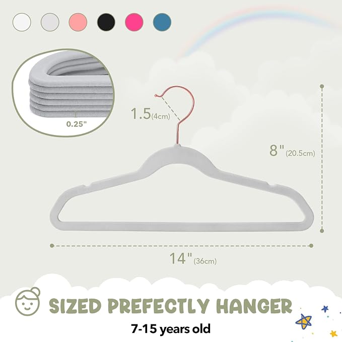 HOUSE DAY Velvet Kids Hangers 60 Pack, Premium Childrens Hangers for Closet, Ultra Thin Cute Hangers Kids Clothes Hanger, Non Slip Kids Felt Hangers 14 Inch, Small Hangers for Kids Clothes, Grey