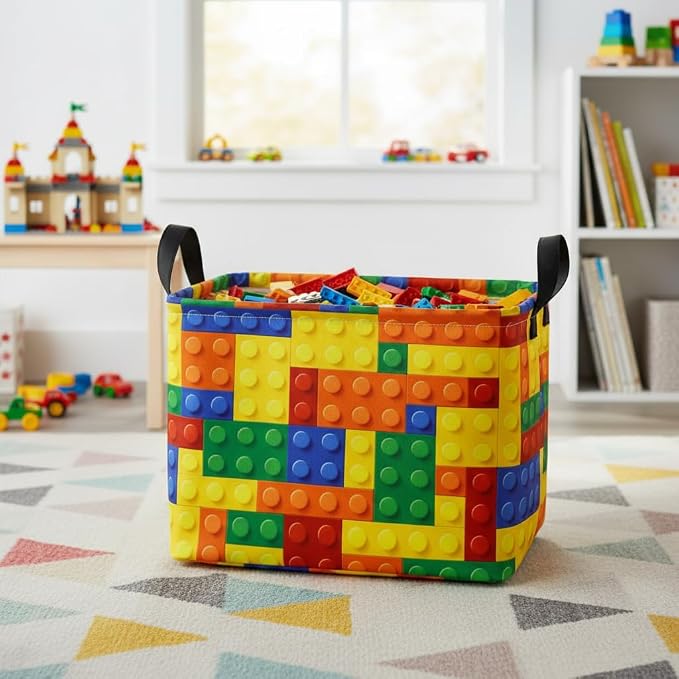 Colorful Building Blocks Print Storage Basket, Waterproof Lining Organizer Bins, Leather Handles, Collapsible for Kids Toys, Clothes, Laundry, Gift Basket