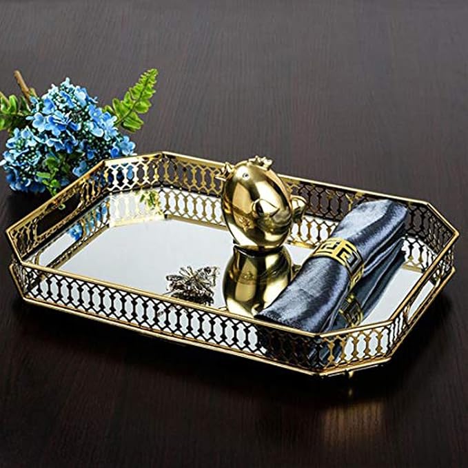 Vintage Gold Mirrored Vanity Tray – Decorative Perfume and Makeup Organizer with Handles for Dresser, Bathroom or Jewelry Display, Large Size 13.8" X 9.6" X2.2"