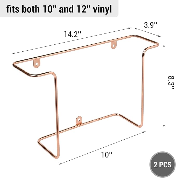MyGift Modern Metal Wire Wall Mounted Vinyl Records Storage Racks, Hanging LP Record Holders, Floating Album Cover Display Shelves, Set of 2 (Modern Copper-2 Pcs)