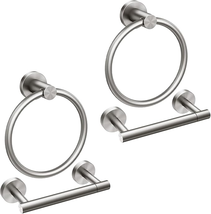 FORIOUS Toilet Paper Holder Wall Mount, SUS304 Stainless Steel Double Post Pivoting Tissue Roll Holder and Hand Towel Ring Set for Bathroom, RV, Bathroom Hardware Accessories Set, Brushed Nickel, 2