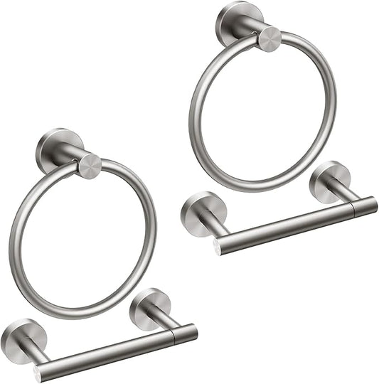 FORIOUS Toilet Paper Holder Wall Mount, SUS304 Stainless Steel Double Post Pivoting Tissue Roll Holder and Hand Towel Ring Set for Bathroom, RV, Bathroom Hardware Accessories Set, Brushed Nickel, 2