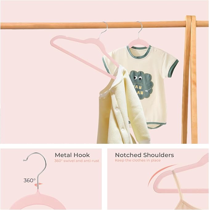 ManGotree 14 Inch Kids Velvet Hangers for Closet, Ultra-Thin Space Saving Children's Clothes Hangers, Non-Slip Felt Toddler Hanger for Youth's Clothes (32 Pack, Light Pink)