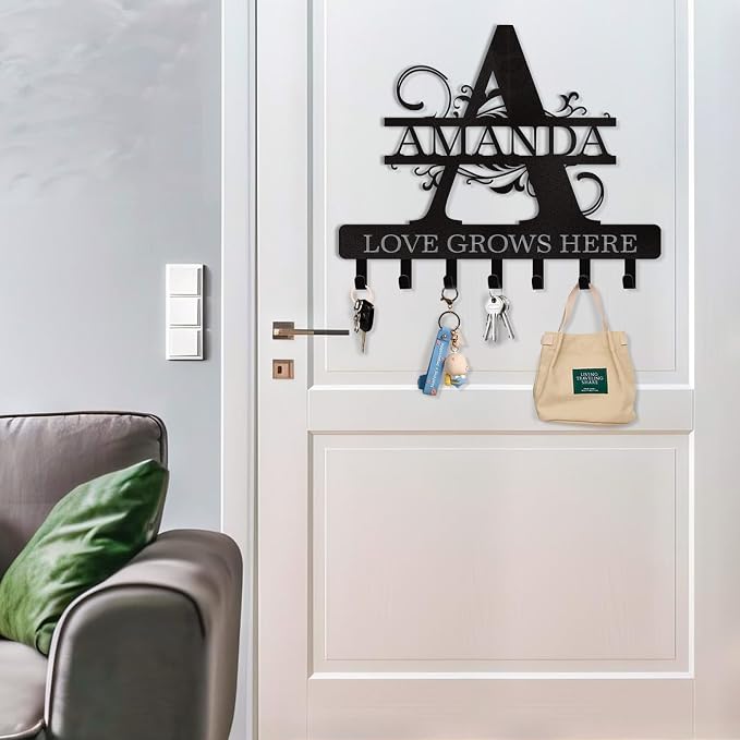 Dyoart Personalized Key Holder for Wall, Custom Name Key Hooks for Wall Organizer, Customized Anniversary Housewarming Gifts Key Rack Wall Mount for Front Door Hallway Bedroom Decor