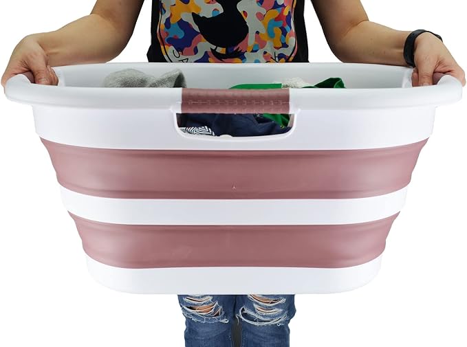 SAMMART 40L (10.5 gallon) Collapsible Plastic Laundry Basket - Foldable Pop Up Storage Container/Organizer - Portable Washing Tub - Space Saving Hamper/Basket (1, White/Dusky Pink)