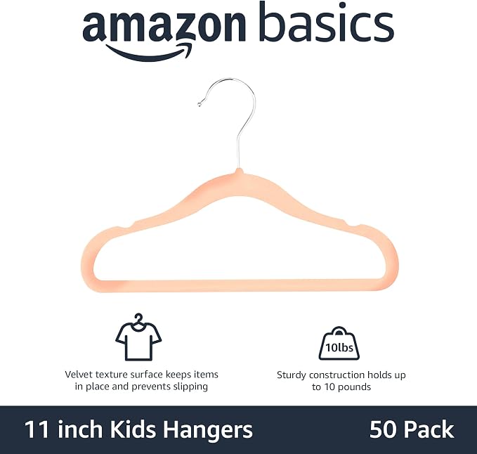 Amazon Basics Kids Space Saving Velvet Non-Slip Clothes Hangers with Shoulder Notches for Infant and Toddler, 11.6", Blush, 50 Count (Pack of 4)