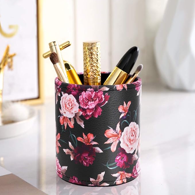 Pen Pencil Holder, WAVEYU Floral Flower Pattern Pen Cup Container PU Leather Desk Organizer Stand Decor Brush Scissor Holder Desk Organizer Decoration for Office Desk Home Decorative, Floral