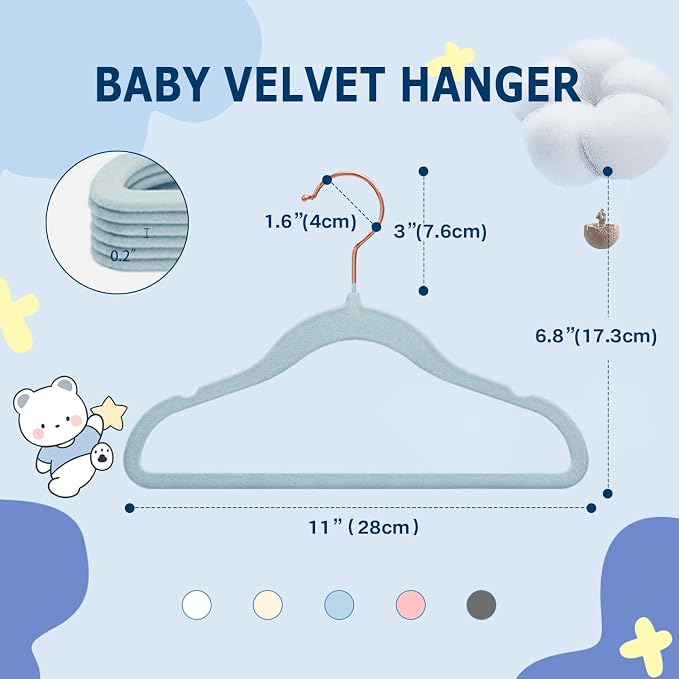 Baby Velvet Hangers Non-Slip Space Saving Swivel Hook 52 Pack Blue