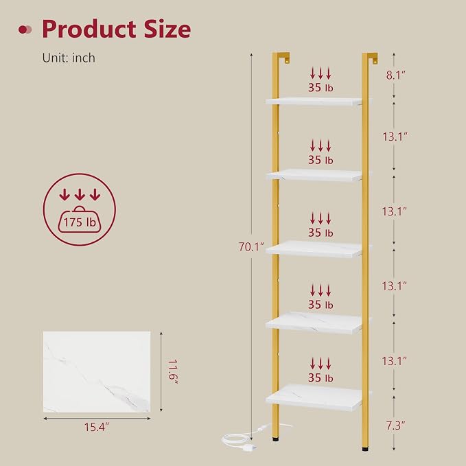 Tajsoon 5 Tier Ladder Shelf with Light, Wooden Wall Mounted Book Shelf, Wall Mounted Ladder Bookshelf with Metal Frame, Industrial Ladder Bookshelf for Office, Living Room, Bedroom, Gold & White