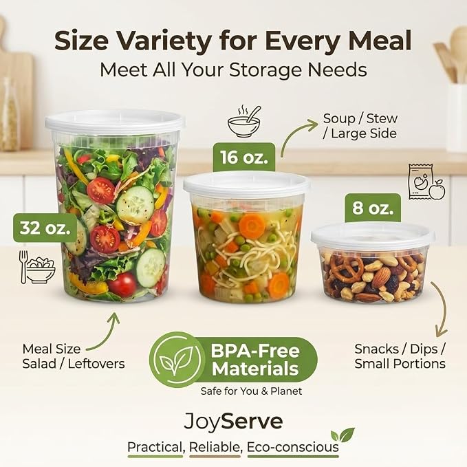JoyServe 24 Sets Deli Containers with Lids – 8oz, 16oz & 32oz – Leak Proof, Microwaveable, Dishwasher & Freezer Safe – Plastic Food Storage & Soup Containers