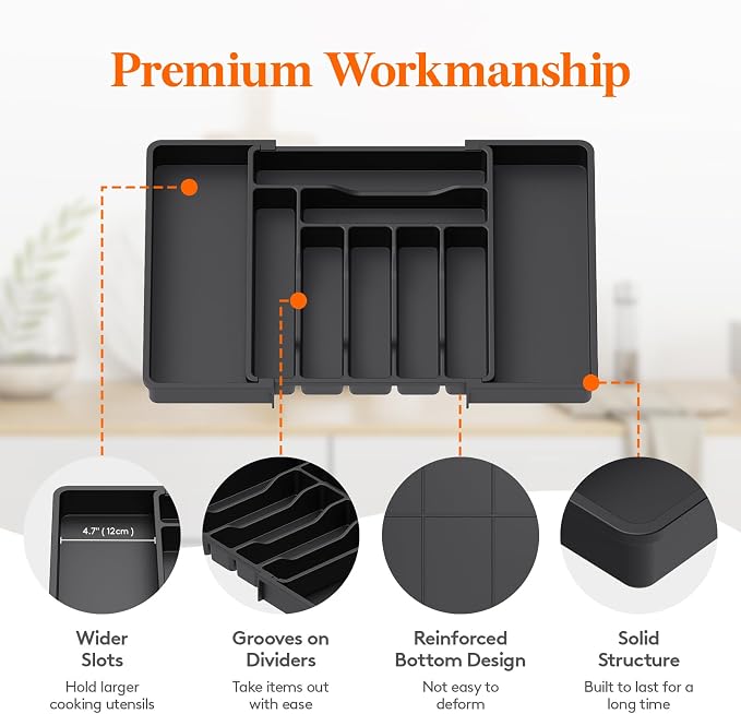 Lifewit Utensil Organizer for Kitchen Drawer, Expandable Cooking Silverware Tray, Adjustable Cutlery Flatware Holder, Plastic Spatula Tools Storage Divider, 13-22.4 x 15", Black