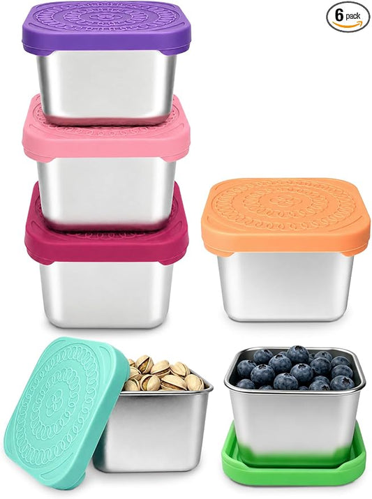 HTEVW 6 Pack Stainless Steel Snack Containers for Kids, 6 oz Toddler Snack Containers with Silicone Lids, Reusable Leak Resistant Food Containers for School Lunch, Daycare, Travel & Portion Control