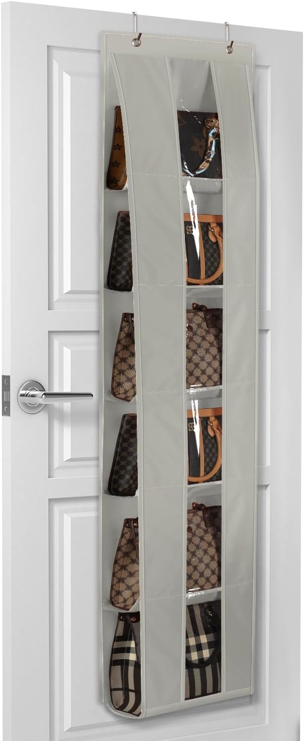 Lirex Over The Door Purse Organizer, Space-Saving Medium and Large Handbag Storage Organizer Clothing Closet Hanger, Grey