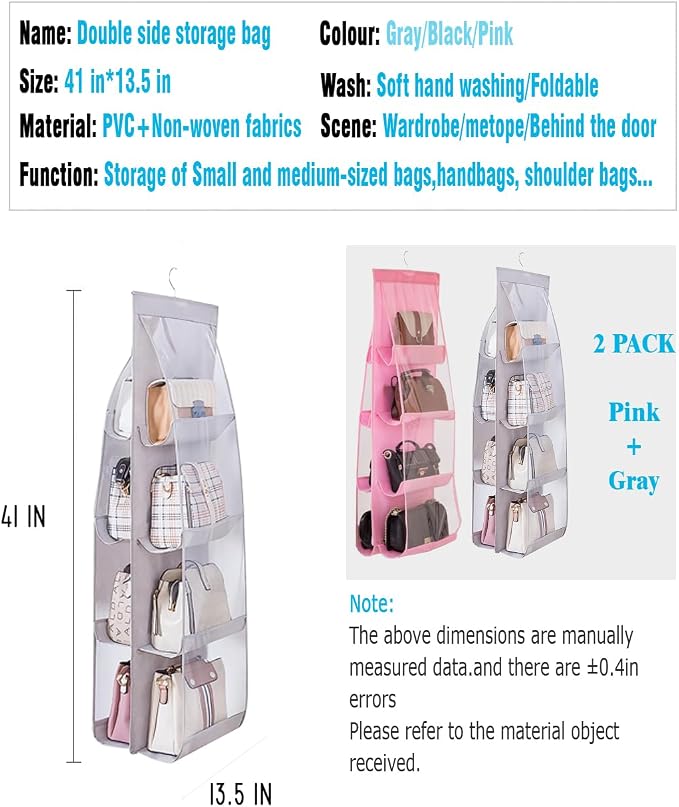 AARAINBOW 2 Packs Hanging Handbag Purse Organizer, Hanging Hand Bag Organizer Wardrobe Closet Purse Holder, 8 Pockets, 43.3L x 14.1W (B Gray Light Pink)