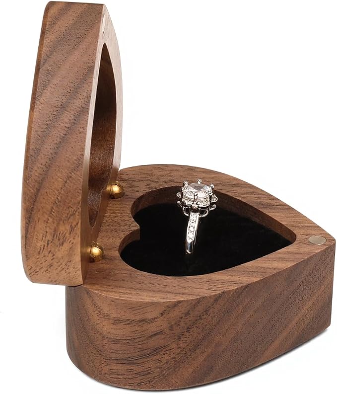Engagement Proposal Ring Box Secret Slim Storage Wooden Heart Case | Walnut Wood Ring Bearer Box Jewelry Storage Holder Collection & Display for Wedding Ceremony Commemoration Day